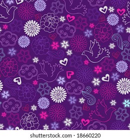 Doves and Flowers Seamless Repeat Pattern Vector Illustration