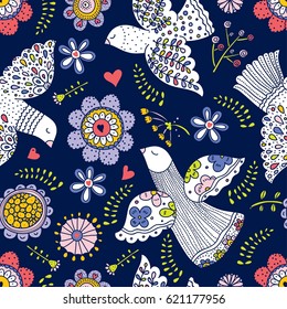Doves and flowers. Vector seamless pattern.