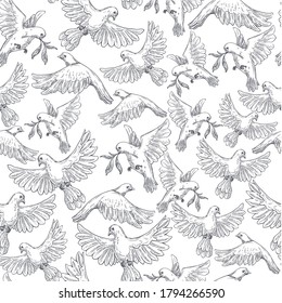 Doves flying with branches, seamless pattern of birds in motion carrying twigs with foliage. Symbol of peace, purity and grace. Flock of pigeons, monochrome sketch outline, vector in flat style