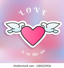 Doves flying with heart decoration. Love is in the air. Romantic Valentine's card with abstract pigeons like symbol of love. Line style birds and blurred background. Vector illustration.