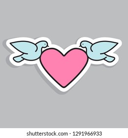 Doves flying with heart decorative element. Romantic Valentine's symbol with abstract pigeons like symbol of love. Line style birds for concept design. Vector illustration.