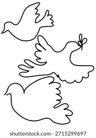 Palomas. Iconos dibujados a mano de palomas aislados sobre fondo blanco. Símbolos de paz y del Espíritu Santo en el cristianismo. Un ave voladora en una sola línea
