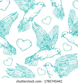 Doves and heart seamless pattern - vector illustration. Realistic hand drawn sketch. Pigeons - wedding design element. Symbol of peace, true love, romance, marriage icon isolated on white.