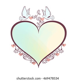 Doves with heart shaped frame with copy space.