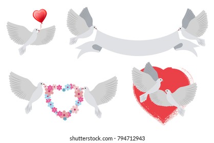 Doves and hearts with banners, birds of love carrying heart shaped object of red color, ribbon and wreath of flowers, isolated on vector illustration