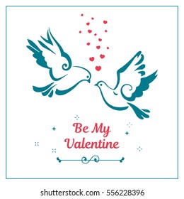Doves with hearts isolated on white background. Love symbols, couple of pigeons. Valentines card. Text Be My Valentine. Vector illustration