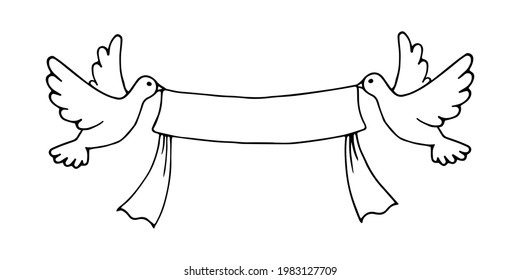 Doves holding a banner ribbon, vector clip art isolated on white background. Hand drawn doodle outline illustration.
