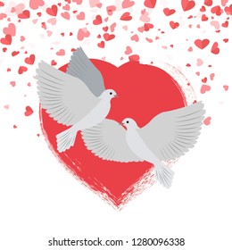 Doves in love pigeons birds hearts Saint Valentines day vector. Celebration of holiday in february, white birdies symbols of hope and purity flying