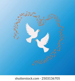 Doves on blue background. Two vector white doves on blue watercolor background, postcard for international peace day