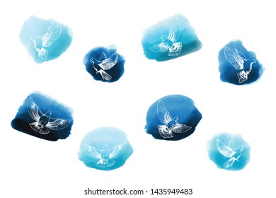 Doves on blue brush shapes. Universal elements for your design, wrapping, flyers, cards, branding and digital scrapbooking.
