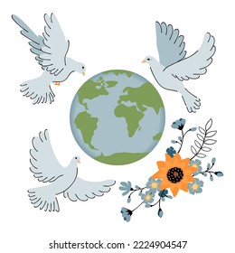 Doves of peace, the globe and a bouquet of blue-yellow flowers.Pigeons are drawn with a black color line.Collection of vector clipart for the design of cards, banners, posters.White background.