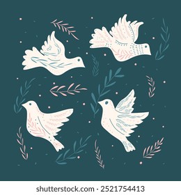 Doves of peace vector card. Flying pigeon holding an olive branch kit. Hand drawn flat birds on dark background.