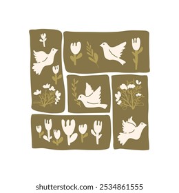 Doves of peace vector poster. Flying pigeon holding an olive branch and flowers card. Hand drawn flat birds collection banner illustration isolated on white background.