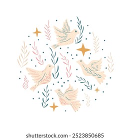 Doves of peace vector round set. Flying pigeon holding an olive branch and stars circular emblem. Vector hand drawn flat birds collection illustration isolated on white background.