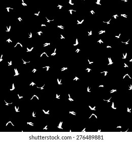 Doves and pigeons seamless pattern on black background for peace concept and wedding design. Vector