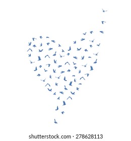 Doves and pigeons set heart shape for peace concept and wedding design. Flying blue birds set. Vector