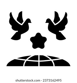 Doves and planet earth solid icon, International day of peace concept, Flying birds under world globe sign on white background, Two pigeons with star and planet symbol glyph style. Vector