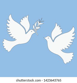 Doves with Plant on Blue Background Vector