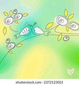 Doves, prince and princess on the branch, kiss, drawing, wall decor, hand drawn 