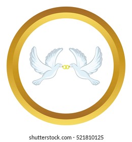 Doves with rings vector icon in golden circle, cartoon style isolated on white background
