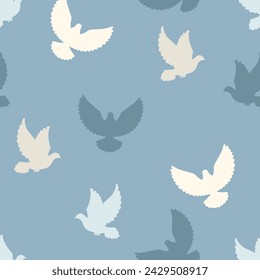 Doves seamless pattern. Background with silhouettes of pigeons on grey. Vector cartoon illustration of flying birds.