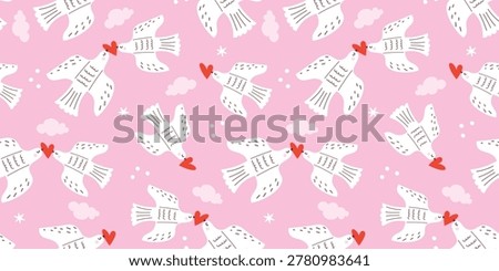 Doves seamless pattern with hearts and clouds. Romantic bird background for Valentine's Day fabric, wedding invitations, wrapping paper, wallpaper and nursery decor. Flat vector illustration.