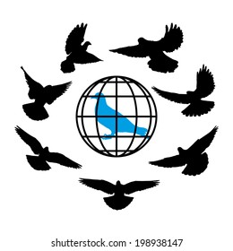 doves silhouette against the background of globe world vector