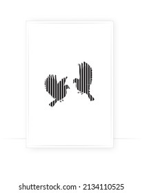 Doves silhouette isolated on white background, vector. Scandinavian minimalist poster design in frame. Modern wall art,  artwork. Graphic design, Geometric tropical bird