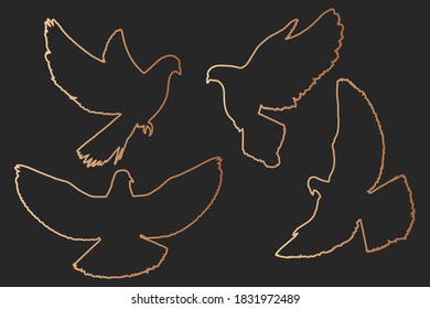 Doves silhouettes set bronze line- art