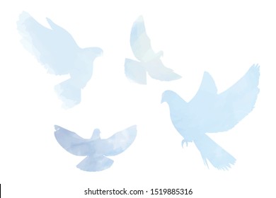 Doves silhouettes in tender pastel blue colors, peace, spring, easter elements white isolated.