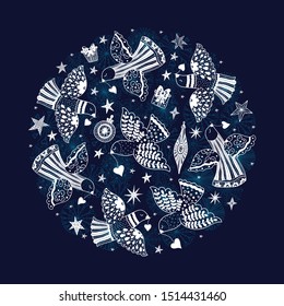 Doves and stars.  Christmas motif. Vector card.