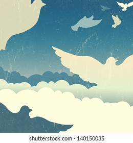 Doves in summer sky with clouds. Vector