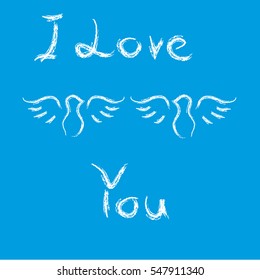 Doves with text i love you on blue background. Vector illustration.