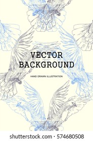 Doves. Vector background with birds. Hand drawn illustration of flying pigeons