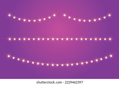 Dovetail shaped light buntings on purple background. Merry Christmas Greeting card. Happy new year. Xmas Holiday poster vector illustration.