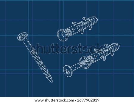 Dowel and screw composition drawing in graphic style on blue background