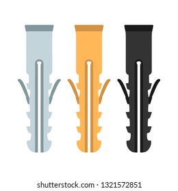 Dowel set carving sharp screw construction wall bolt vector icon. Equipment tool industry repair fix flat plastic pin anchor
