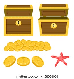 Dower chest isolated cartoon icons and pile of gold coins. Open empty chest, starfish and pile of coins for game graphics.