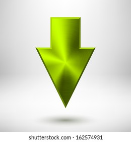 Down abstract arrow sign with green metal texture (silver, chrome, steel), realistic shadow and light background for web sites, user interfaces (UI), applications (apps) and business presentations.
