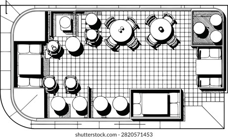 Down architectural floor plan of a restaurant seating layout