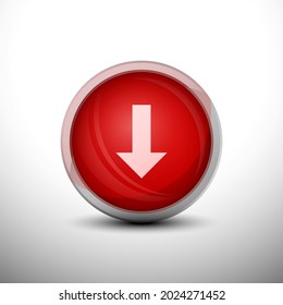 Down Arrow in 3D Shiny Red Keys for web Icons, Education Icons and Punctuation Icons. Vector Illustration