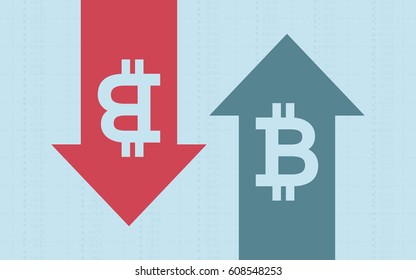 Up and down arrow with bitcoin sign in flat icon design on blue color background