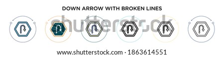 Down arrow with broken lines icon in filled, thin line, outline and stroke style. Vector illustration of two colored and black down arrow with broken lines vector icons designs can be used for