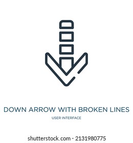 down arrow with broken lines thin line icon. arrow, business linear icons from user interface concept isolated outline sign. Vector illustration symbol element for web design and apps.
