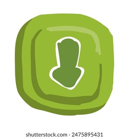 Down arrow button in cartoon doodle style, mobile app asset, video game ui button