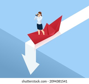 Down arrow chart and business woman having money troubles. Misdirection in business, mistakes in business, failure. Business fail, investment failure, unpaid bills and loan debts, financial problems.