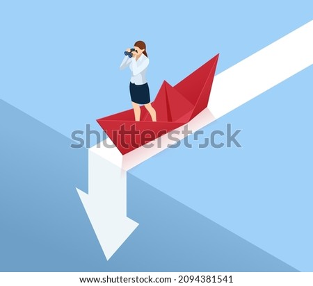 Down arrow chart and business woman having money troubles. Misdirection in business, mistakes in business, failure. Business fail, investment failure, unpaid bills and loan debts, financial problems.