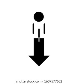 Down arrow and circle black glyph icon. Vertical scrolling gesture for touch screen. Scrolldown indicator, website pointer. Silhouette symbol on white space. Vector isolated illustration