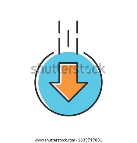 Down arrow in circle blue and orange RGB color icon. Moving arrowhead in round shape. Mobile app page browsing indicator. Website pointer. Web cursor. Scrolldown button. Isolated vector illustration