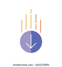 Down arrow in circle flat design cartoon RGB color icon. Page browsing direction. Website pointer. Web cursor. Scrolldown interface directional button in round shape. Vector silhouette illustration